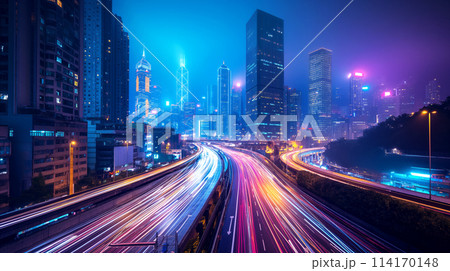 Night view of bustling cityscape, illuminated by vibrant lights of towering skyscrapers and dynamic streaks of vehicles in motion on highway, concept for urban life, modernity, energy, and elegance 114170148