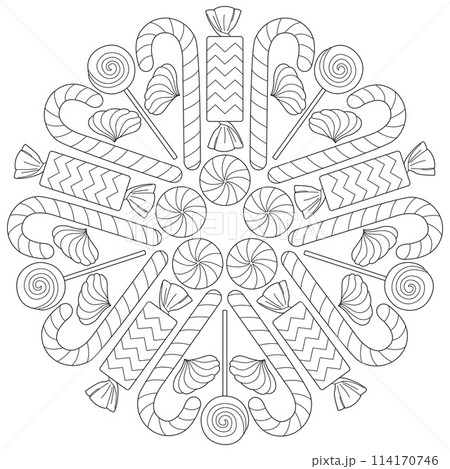 Sweet candy mandala. Coloring page, black and white, line art, print and color Sweet candy mandala. Coloring page, black and white, line art, print and color 114170746
