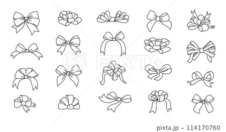 Ribbon bow line art doodle style set. Valentine day or wedding decorated tape bows. 114170760