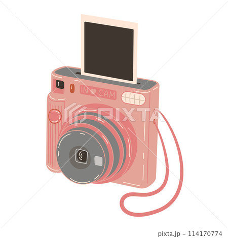 Pink Instant camera with photo. Hand drawn trendy flat style on white 114170774