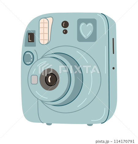 Blue Instant camera device. Hand drawn trendy flat style on white Blue Instant camera device. Hand drawn trendy flat style on white 114170791