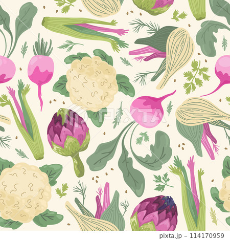 Vegetables seamless pattern on beige background. 114170959