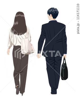 歩く社会人男女後ろ姿イラスト 114171110