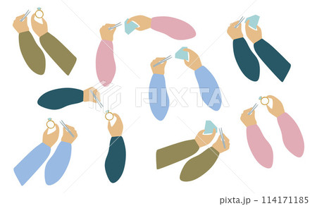 Set of Flat Hands with Gemstones and Rings. Vector Gestures in different positions. Cartoon Jeweler hand Showing, holding and representing Jewelry. Graphic Art For Card Design, Poster, Banner, Art. 114171185