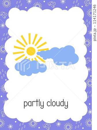 Weather flash card Partly Cloudy topical vocabulary learning printable, educational English kids worksheet, nursery, kindergarten, pre-school, leisure activity, teacher resources vector illustration 114171246