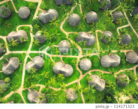Aerial view of green palms, bungalows, path near ocean at sunset Aerial view of green palms, bungalows, path near ocean at sunset 114171323