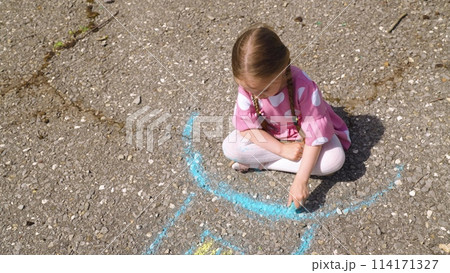 child hand drawing chalk asphalt, child kid childhood dream, little artist playground park girl daughter, colorful childhood game, young artist pavement, individual play drawing, pavement chalk game 114171327