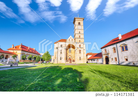 Amazing cityscape with Roman Catholic cathedral inside fortified Alba Carolina Fortress. Amazing cityscape with Roman Catholic cathedral inside fortified Alba Carolina Fortress. 114171381