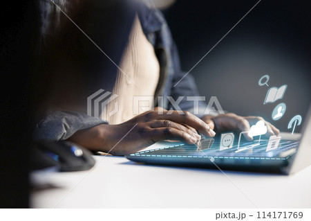 Person typing on laptop keyboard, doing productivity tasks, online connectivity concept. Close up shot of freelancer using augmented reality tech to interact with notebook screen 114171769