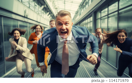Running joyful businessman with colleagues business people having a race together in the office 114171970