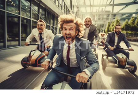 Running joyful businessman with colleagues business people having a race together in the office Running joyful businessman with colleagues business people having a race together in the office 114171972