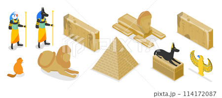 3D Isometric Flat  Set of Egypt Symbols, Old Civilization Archaeology Artifacts 114172087