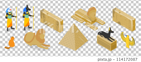 3D Isometric Flat  Set of Egypt Symbols, Old Civilization Archaeology Artifacts 114172087