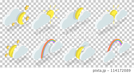 3D Isometric Flat  Set of Weather Forecast Icons, Thunderstorm, Rain, Sunny Day, Night and Winter Snow 114172089