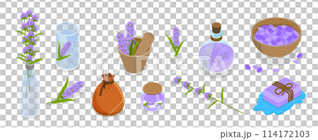 3D Isometric Flat  Set of Lavanders Products, Flowers and Cosmetics 114172103
