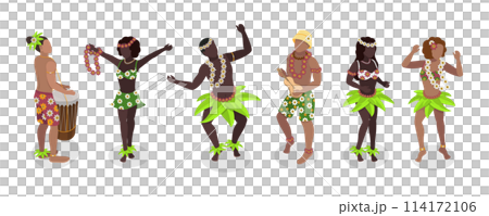 3D Isometric Flat  Set of Hawaiian Dancers, Characters in Polynesian Costume 114172106