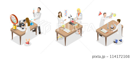 3D Isometric Flat  Conceptual Illustration of Chemistry Laboratory Workers, Professional Lab Research 114172108