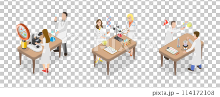 3D Isometric Flat  Conceptual Illustration of Chemistry Laboratory Workers, Professional Lab Research 114172108