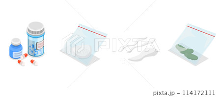 3D Isometric Flat  Set of Illegal Drugs, Cocaine, Marijuana, Painkillers and Heroin 114172111