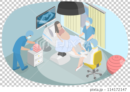 3D Isometric Flat  Conceptual Illustration of Childbirth, Pregnant Woman Giving Birth to a Baby in Hospital 114172147