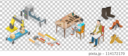 3D Isometric Flat  Conceptual Illustration of Leather Shoes Production, Shoe Making Process 114172170