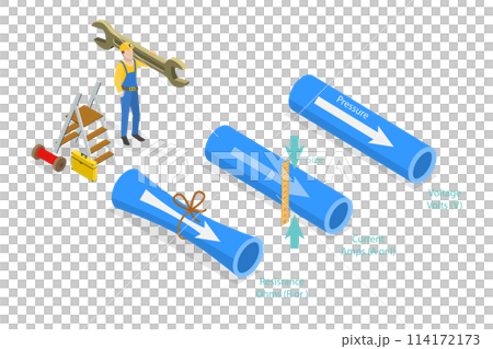 3D Isometric Flat  Conceptual Illustration of Electricity Compared To Water, Educational Diagram 114172173