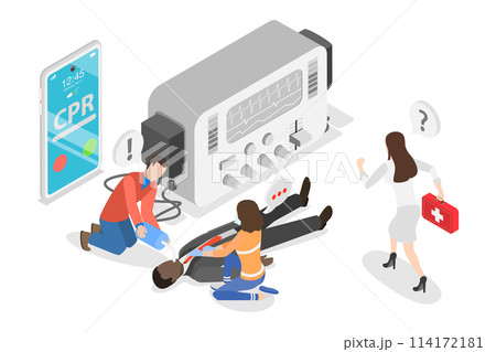 3D Isometric Flat  Conceptual Illustration of Defibrillator, Cardiopulmonary Resuscitation Cpr Emergency Procedure 114172181
