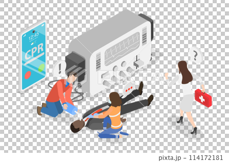 3D Isometric Flat  Conceptual Illustration of Defibrillator, Cardiopulmonary Resuscitation Cpr Emergency Procedure 114172181