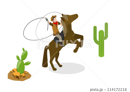 3D Isometric Flat Conceptual Illustration of Wild West, Rodeo Cowboy Riding a Horse 3D Isometric Flat Conceptual Illustration of Wild West, Rodeo Cowboy Riding a Horse 114172218