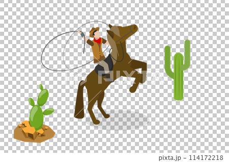 3D Isometric Flat Conceptual Illustration of Wild West, Rodeo Cowboy Riding a Horse 3D Isometric Flat Conceptual Illustration of Wild West, Rodeo Cowboy Riding a Horse 114172218