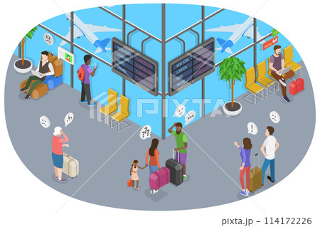 3D Isometric Flat  Conceptual Illustration of Cancelled Flight, Upset, Disappointed People 114172226