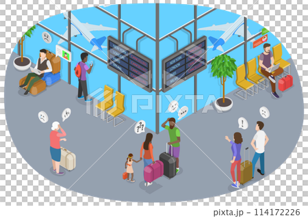 3D Isometric Flat  Conceptual Illustration of Cancelled Flight, Upset, Disappointed People 114172226