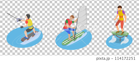 3D Isometric Flat  Conceptual Illustration of Extreme Water Sports, Summer Beach Activities 114172251