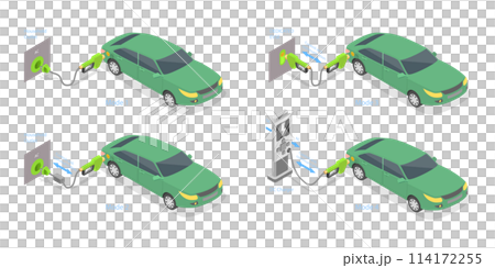 3D Isometric Flat  Conceptual Illustration of Electric Car Charging Modes, Different Plugs 114172255