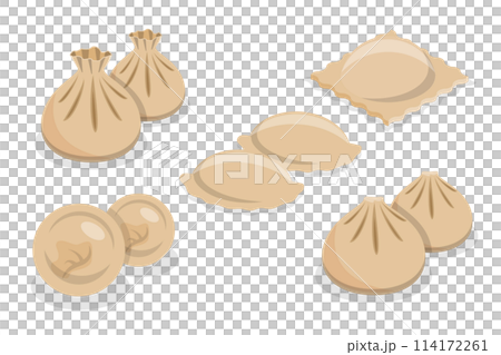 3D Isometric Flat Set of Dumplings, Dim Sum, Asian Food 3D Isometric Flat Set of Dumplings, Dim Sum, Asian Food 114172261