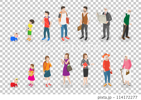 3D Isometric Flat  Conceptual Illustration of Male and Female Growing up and Aging, Human in Different Ages 114172277