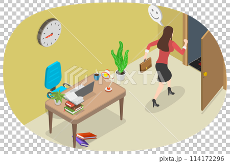 3D Isometric Flat  Conceptual Illustration of End Of The Work Day, Employee Runing Away From Office 114172296