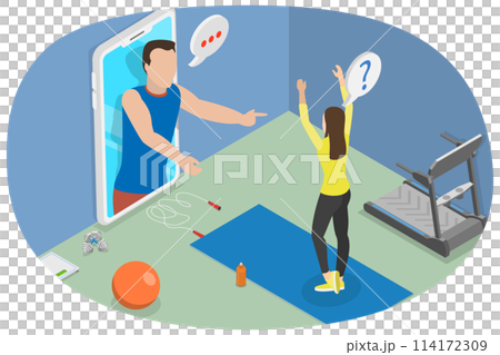 3D Isometric Flat  Conceptual Illustration of Online Coach, Fitness and Health 114172309