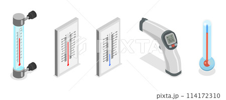 3D Isometric Flat  Set of Thermometers, Measuring Temperature Indoor, Outdoor, Health Control 114172310