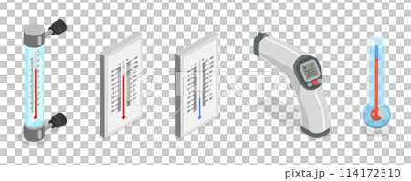 3D Isometric Flat  Set of Thermometers, Measuring Temperature Indoor, Outdoor, Health Control 114172310