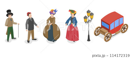 3D Isometric Flat  Set of Victorian Period Characters and Objects, 19th Century European Ladies and Gentlemen 114172319