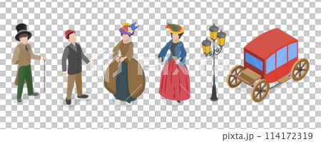 3D Isometric Flat  Set of Victorian Period Characters and Objects, 19th Century European Ladies and Gentlemen 114172319