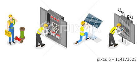 3D Isometric Flat  Conceptual Illustration of Electrical Utility Delivery, Electricity Workers 114172325