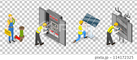 3D Isometric Flat  Conceptual Illustration of Electrical Utility Delivery, Electricity Workers 114172325