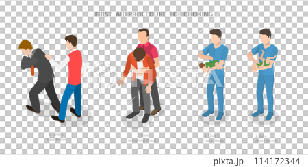3D Isometric Flat  Conceptual Illustration of First Aid Procedure For Choking, Heimlich Maneuver 114172344