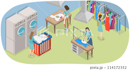 3D Isometric Flat  Conceptual Illustration of Dry Cleaning Service, Commercial Laundry 114172352