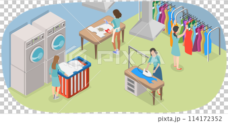 3D Isometric Flat  Conceptual Illustration of Dry Cleaning Service, Commercial Laundry 114172352