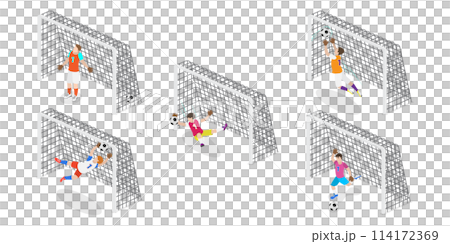 3D Isometric Flat  Set of Goalkeepers, Goalie Characters in Motion 114172369