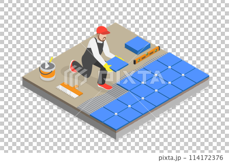 3D Isometric Flat  Conceptual Illustration of Professional Tiler, Installing Ceramic Floor Tiles 114172376
