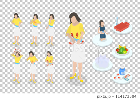3D Isometric Flat Conceptual Illustration of Menstrual Pain, PMS Symptom 3D Isometric Flat Conceptual Illustration of Menstrual Pain, PMS Symptom 114172384